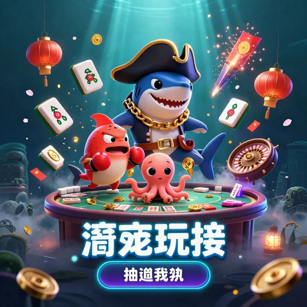 Shark captain, pufferfish and octopus amid neon casino underwater chaos and glowing game icons