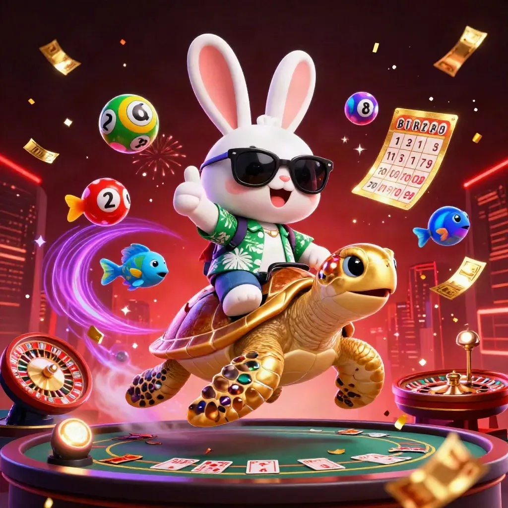 Lucky rabbit on a golden sea turtle amid casino lights, reels, cards, confetti, and fireworks.