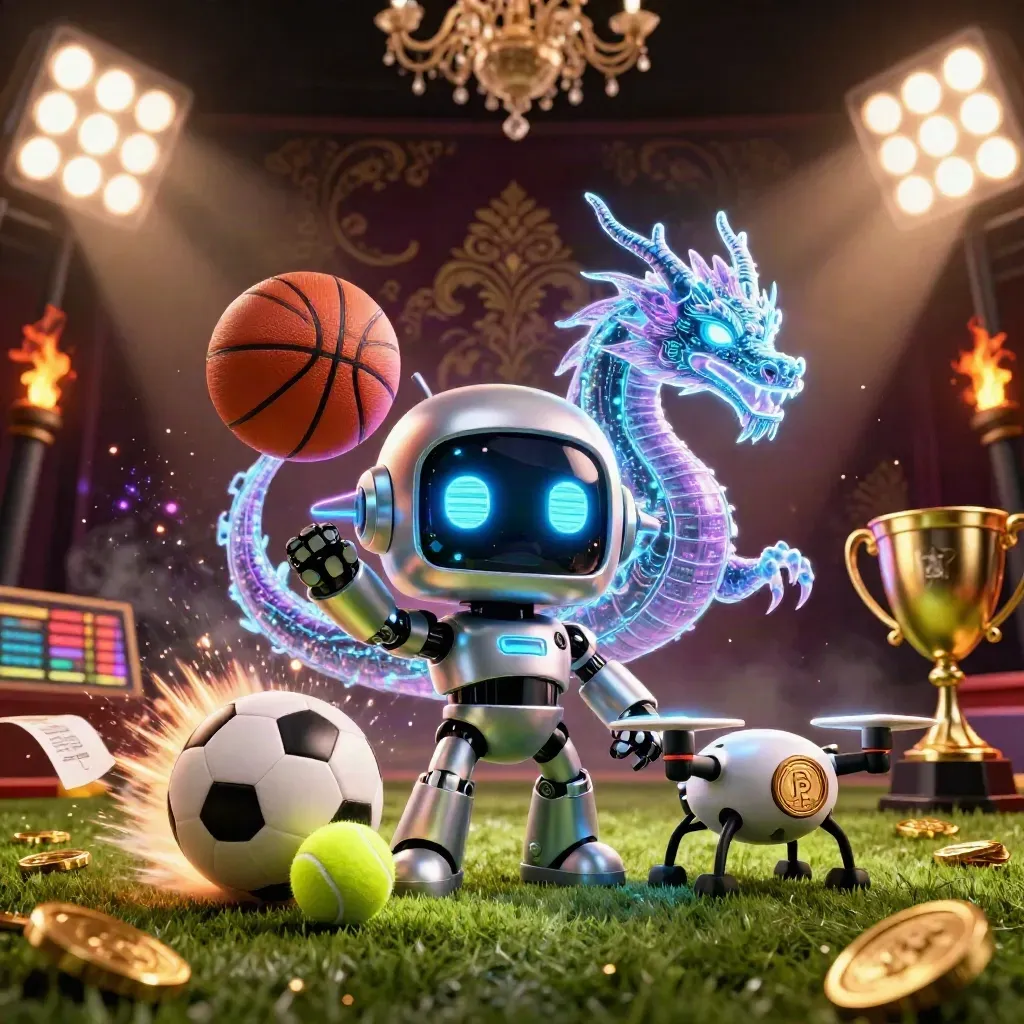 Cyberpunk robot, holographic dragon and drone amid flying sports balls, coins and trophy.