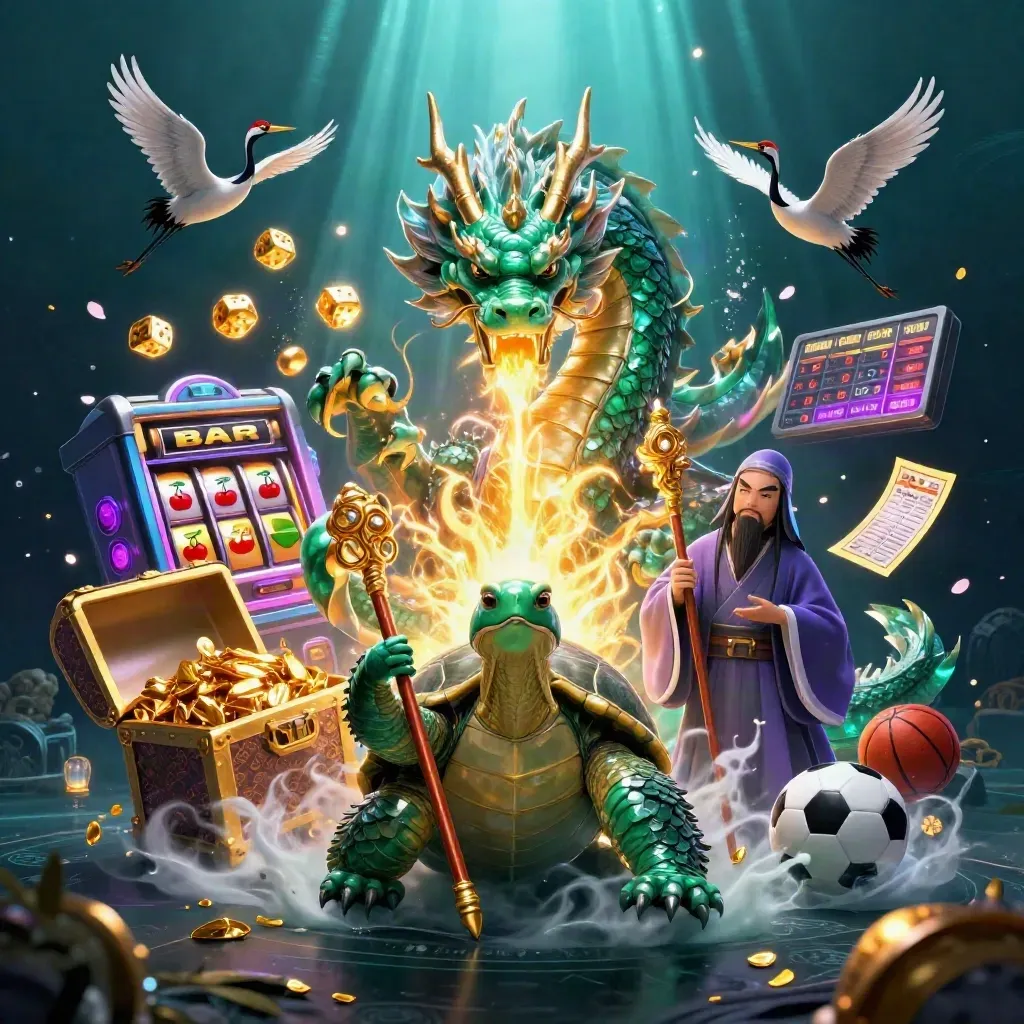 Emerald dragon, turtle sage, and cranes burst amid slot-machine gold in an underwater neon casino scene.