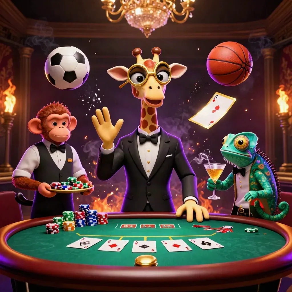 Three casino cartoon animals at a poker table with flying chips and sports balls in neon light.