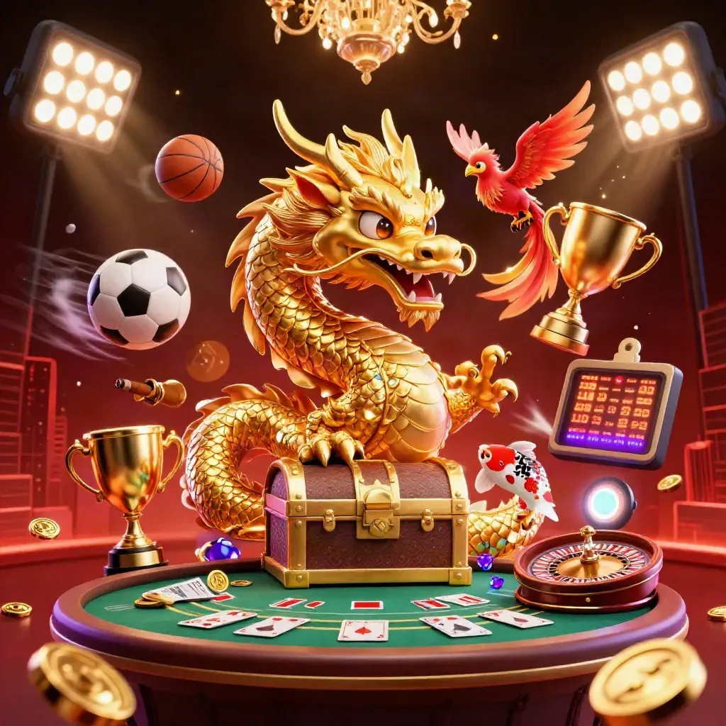 Golden dragon, phoenix and koi amid casino lights, sports balls and casino props