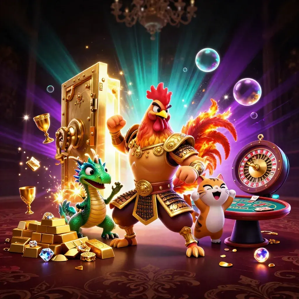Rooster warrior, dragon hatchling, and fortune-cat amid vault gold and neon casino light.