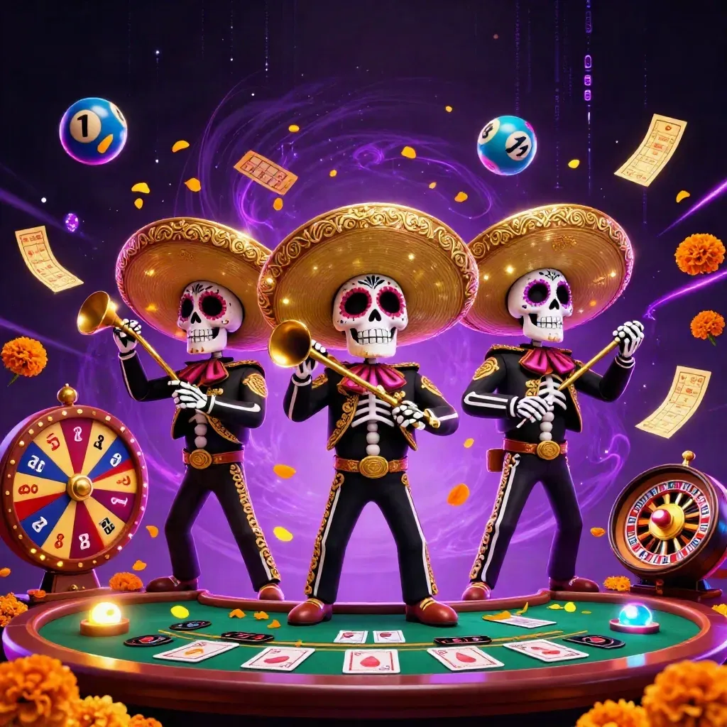 Skeleton mariachi trio with casino lights, lottery balls, bingo card, roulette wheel, and glowing energy.
