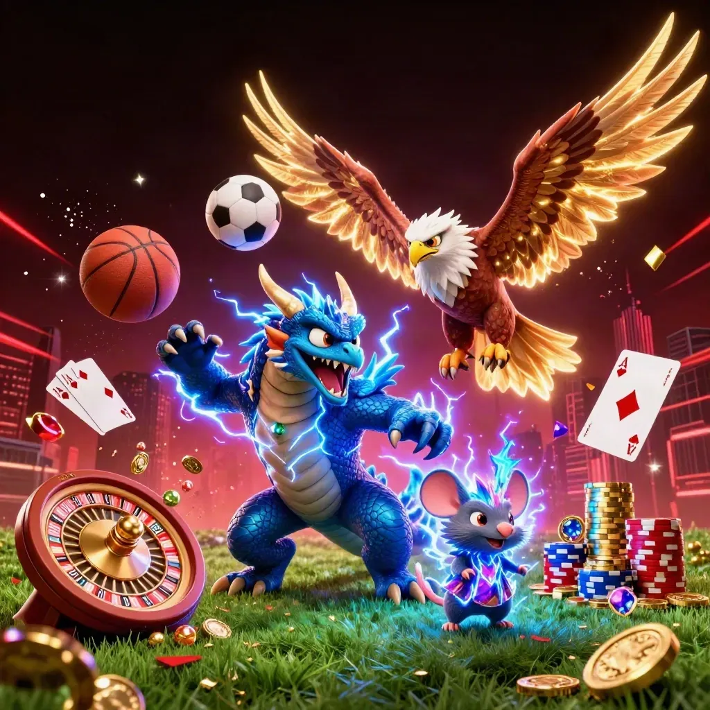 Thunder dragon, wind hawk and static mouse amid casino coins, cards, chips and flying sports balls.