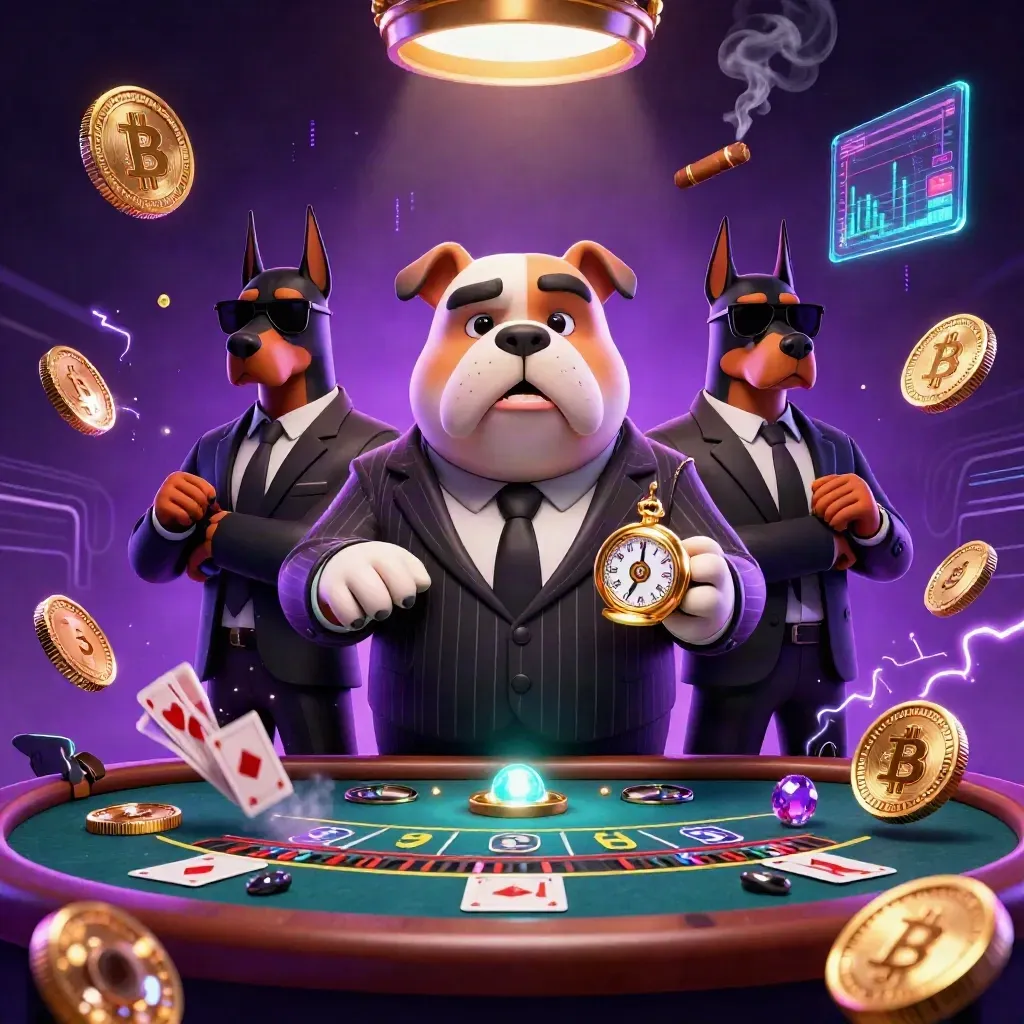 Mafia bulldog and Dobermans in a neon casino room with coins, cards, and glowing tech effects