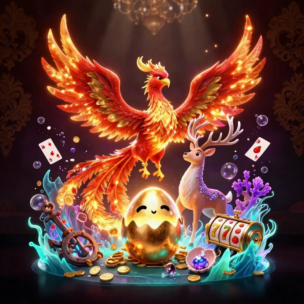 Fire phoenix, baby phoenix, and crystal stag in a glowing treasure cove with casino symbols