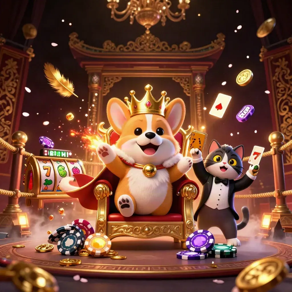 Royal corgi king and cat butler amid casino treasure, temple gate, petals, coins, and glowing runes.