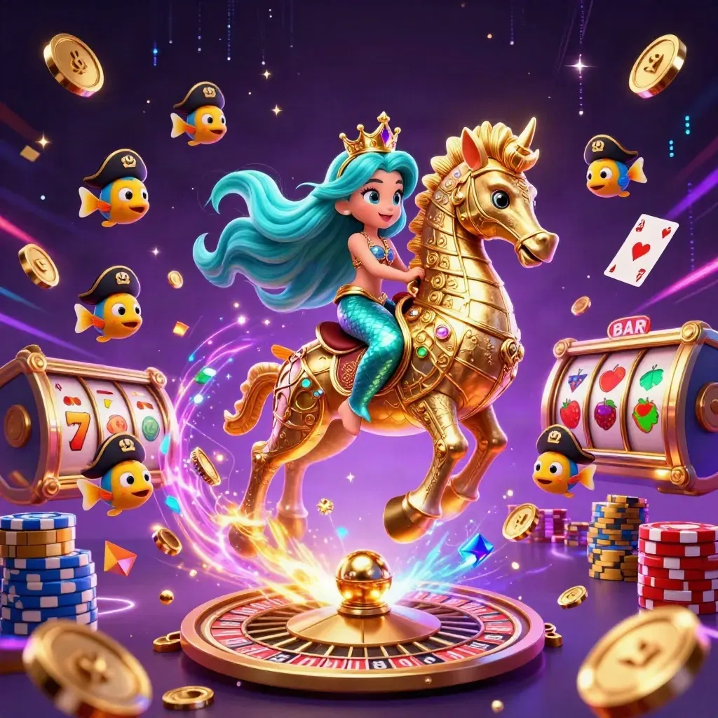 Mermaid princess on armored seahorse amid coins, gems, roulette, cards, chips, and neon purple casino magic.