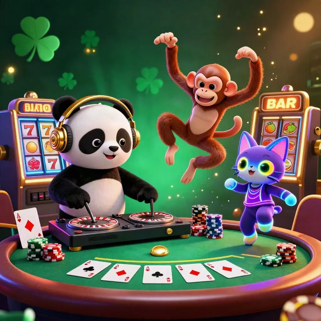 DJ panda, breakdancing monkey, and glow-stick kitten in neon casino chaos with chips and cards.