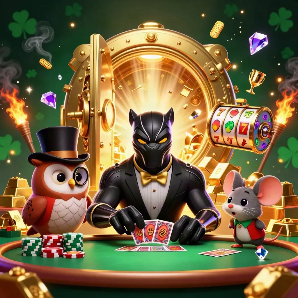 Black panther, owl, and mouse amid a glowing vault, gold, gems, and casino flair.