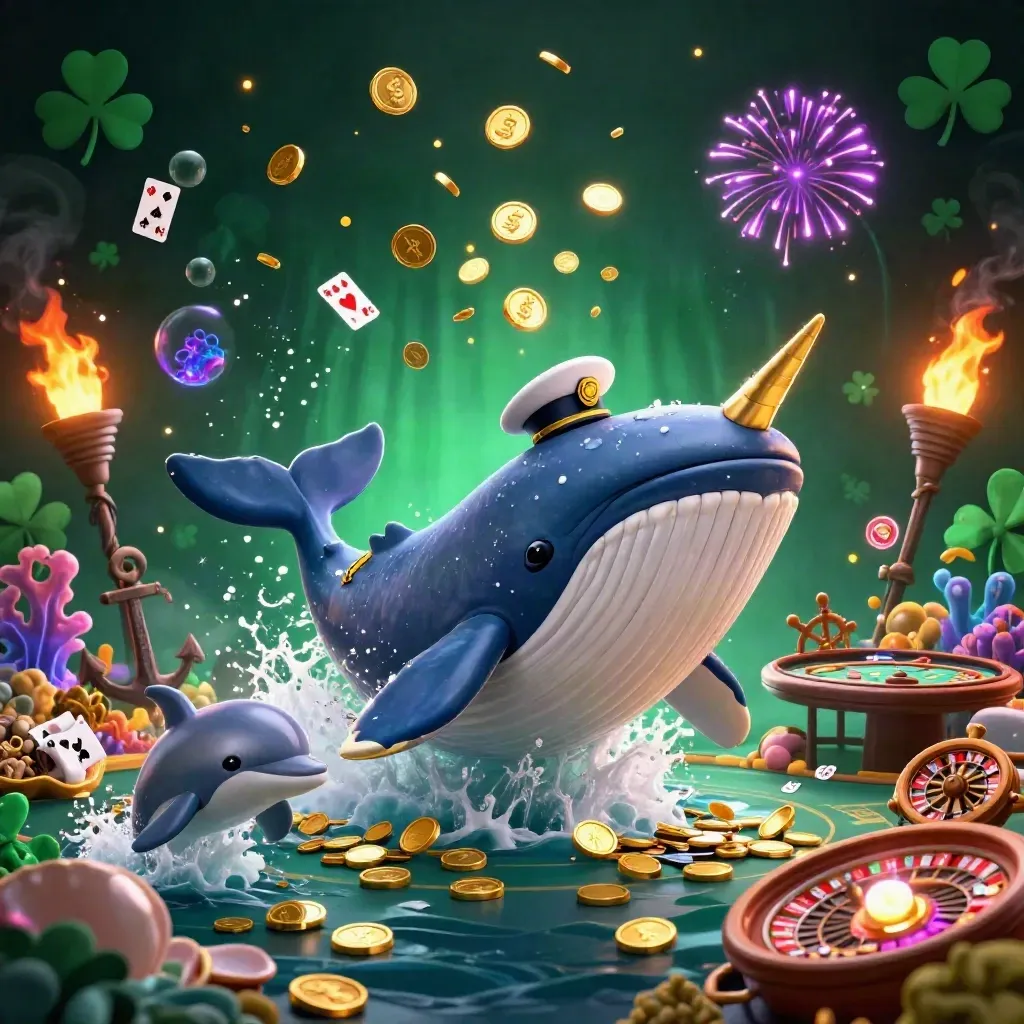 Whale captain breaching coin sea with narwhal, dolphins, roulette wheel and casino gold glow.