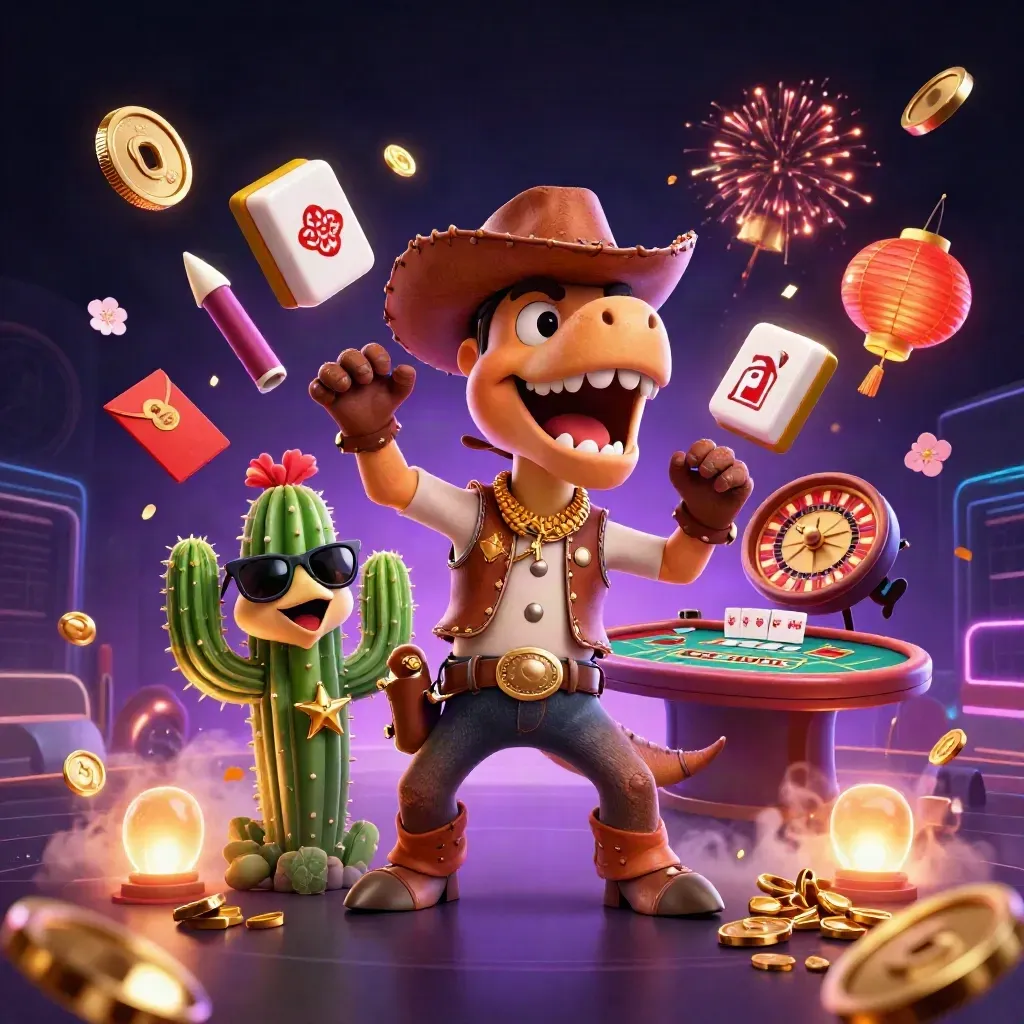 3D cowboy T-Rex, cactus and roadrunner amid casino bursts, coins, lanterns, and fireworks