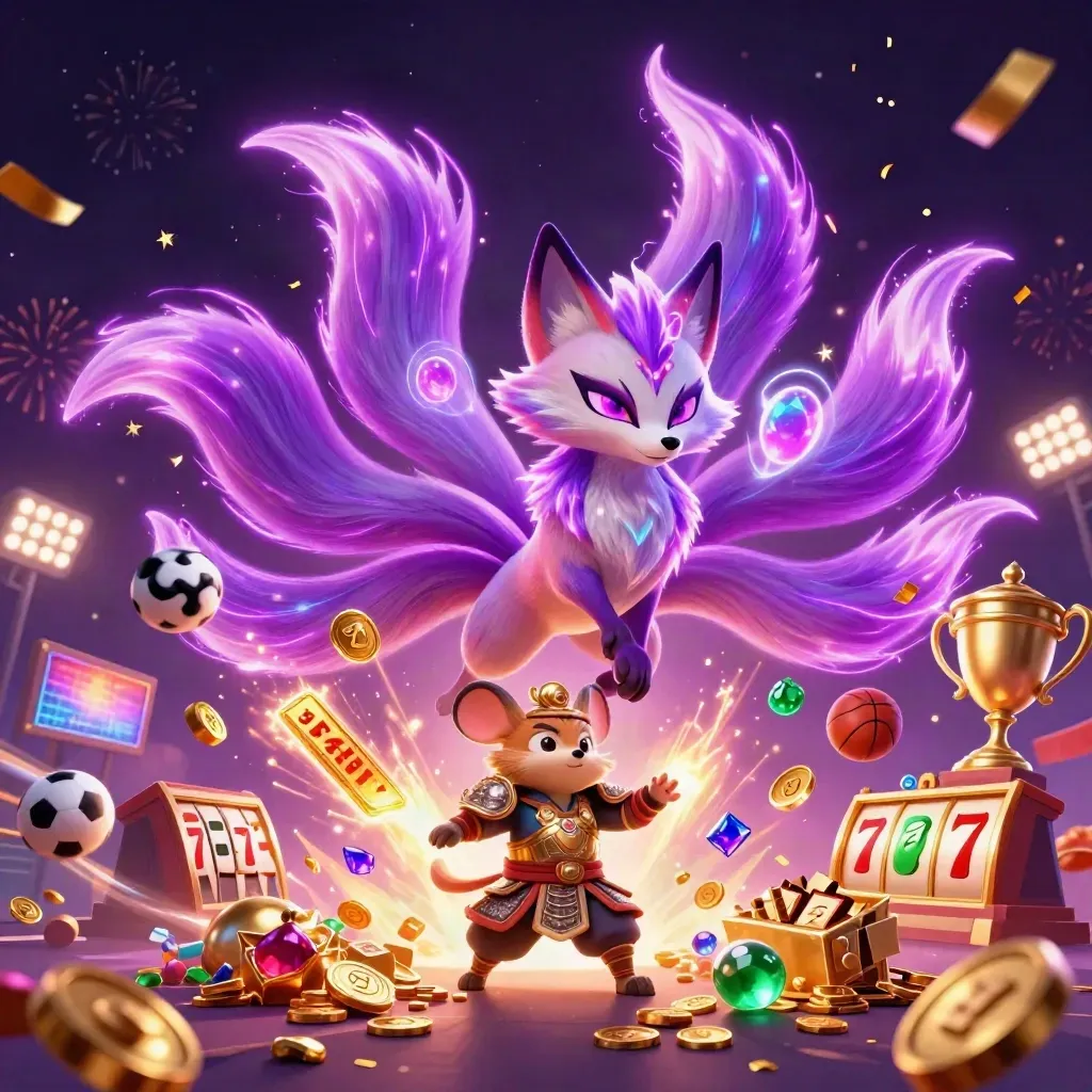 Neon fox spirit and golden mouse amid treasure, sports balls, sparks, and purple magic.