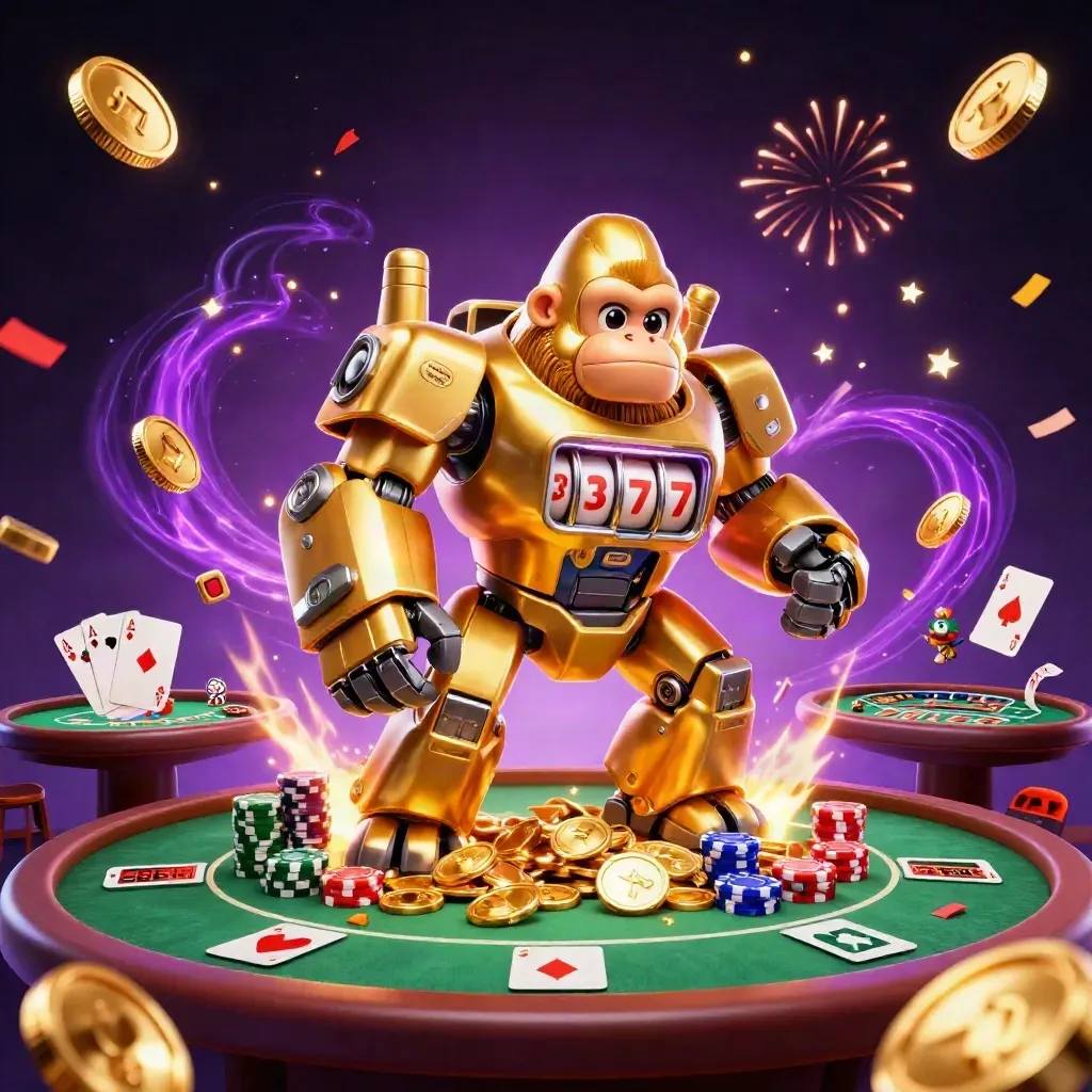 Golden gorilla mech and tiny monkey pilot amid casino chips, cards, coins, fireworks, neon glow.