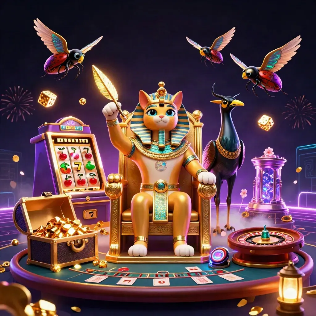 Pharaoh cat, ibis scribe and scarabs amid slot, coins, treasure, and neon casino effects