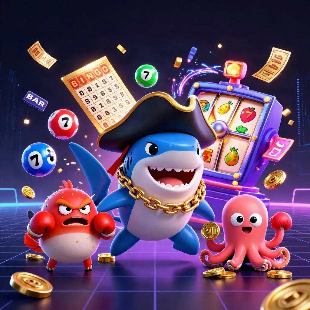 3D pirate shark, boxing pufferfish and coin-juggling octopus amid casino lights