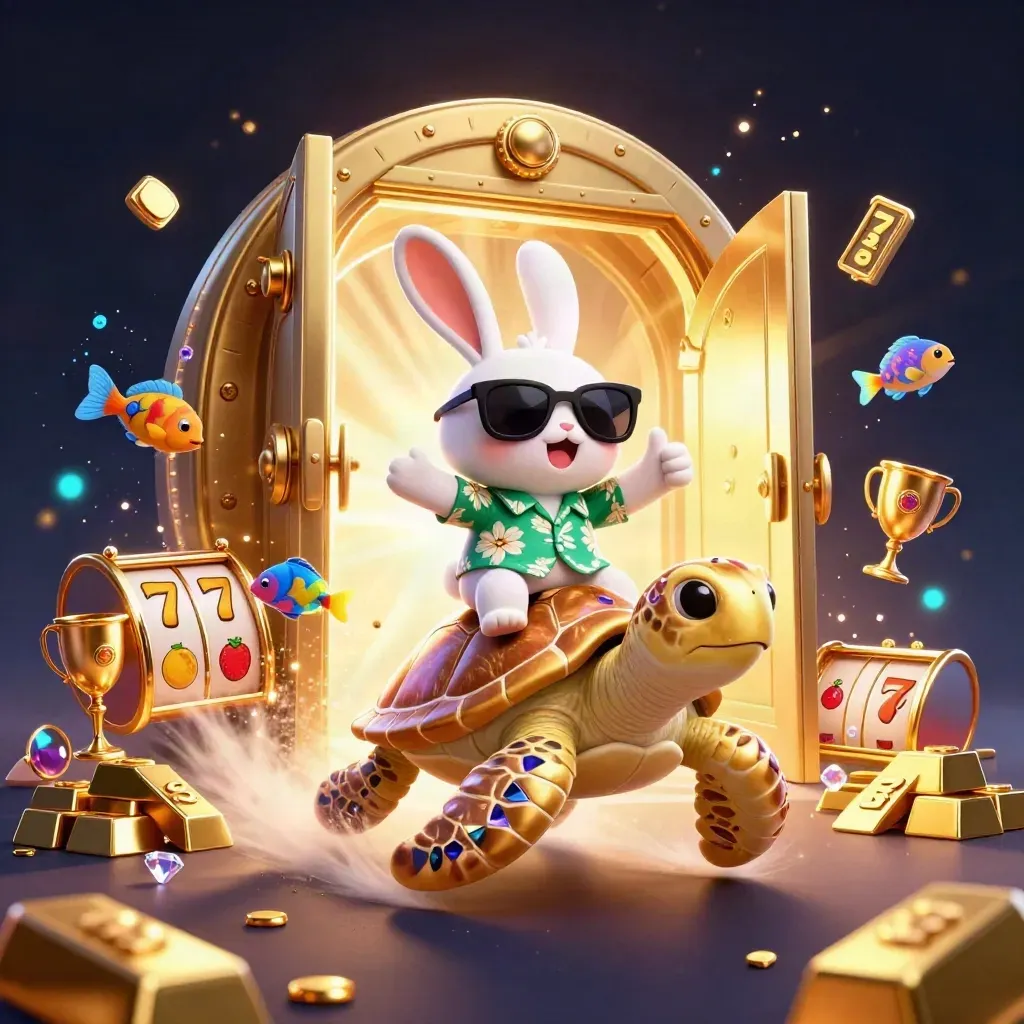 Lucky rabbit rides a golden sea turtle amid casino treasure, neon glow, gems, and slot symbols.