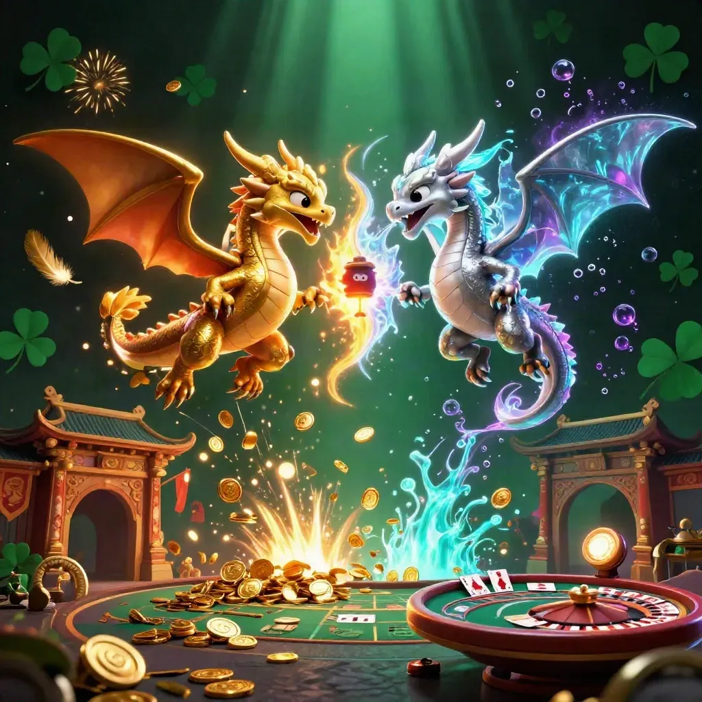 Gold and silver dragons spiral in a neon casino burst with coins, ring, temple, and glowing cards.