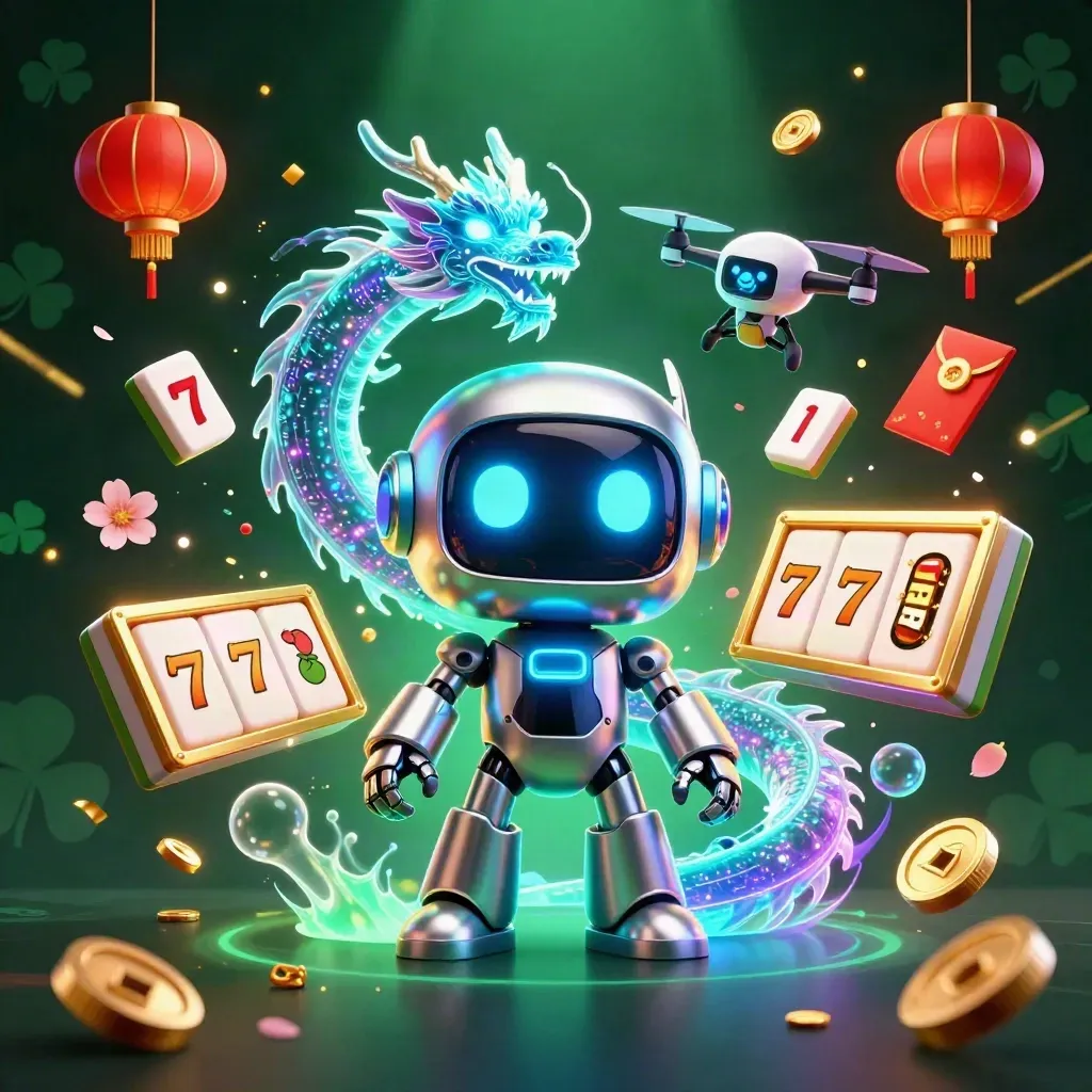 Cyberpunk robot, holographic dragon and coin drone amid neon casino symbols on a square key art tile.