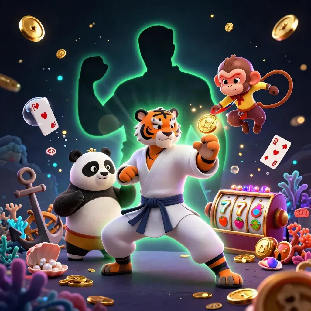 Tiger, panda, and monkey in a glowing casino treasure scene with coins, coral, and slot reels.
