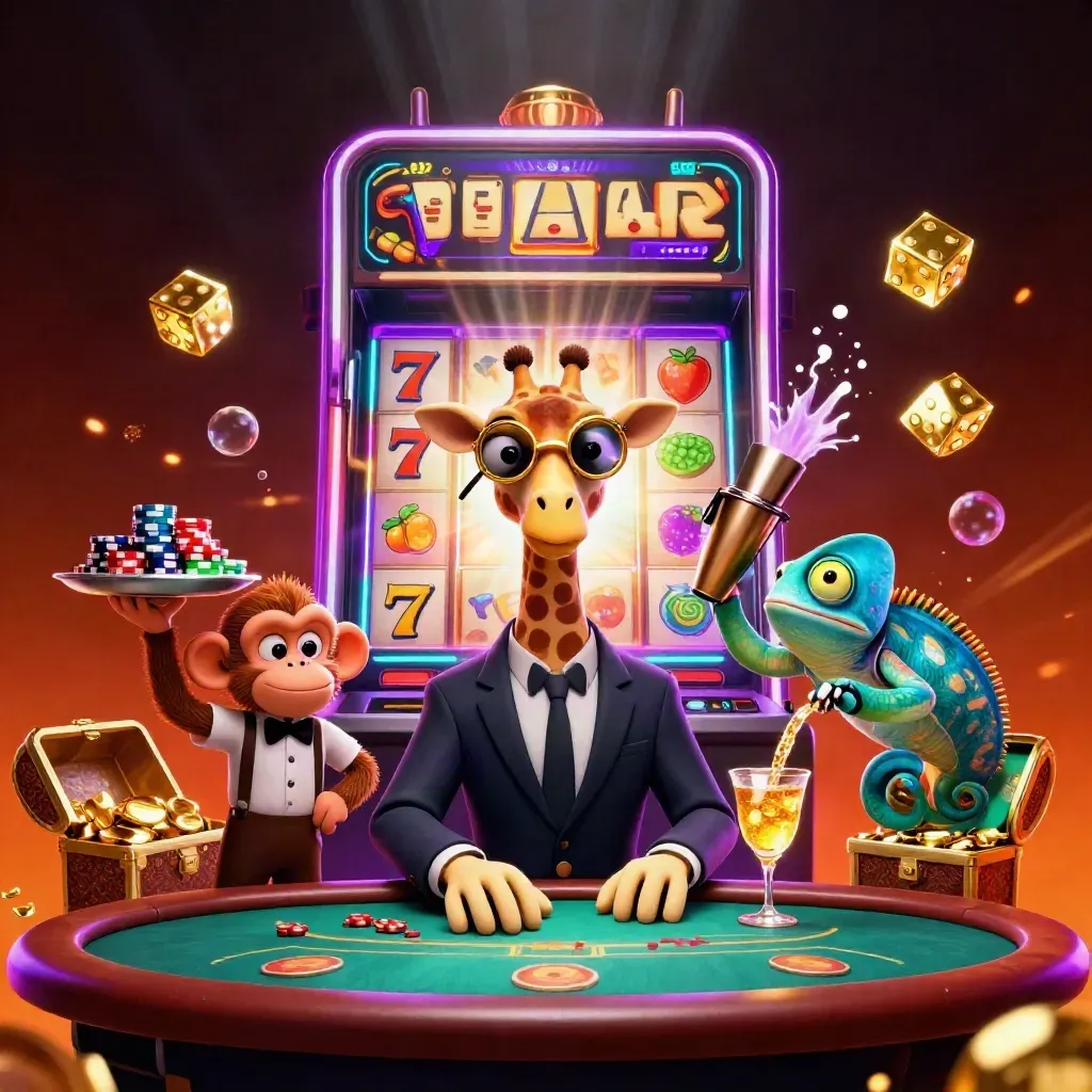 Giraffe high roller, monkey valet, and chameleon bartender amid a bursting slot machine and gold loot.