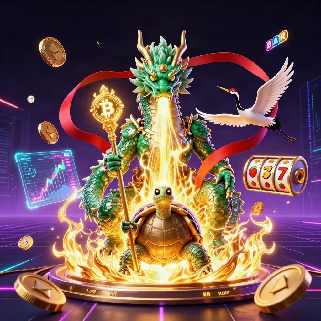 Emerald dragon, sage turtle, cranes, casino coins, reels, and neon energy on a dark grid.